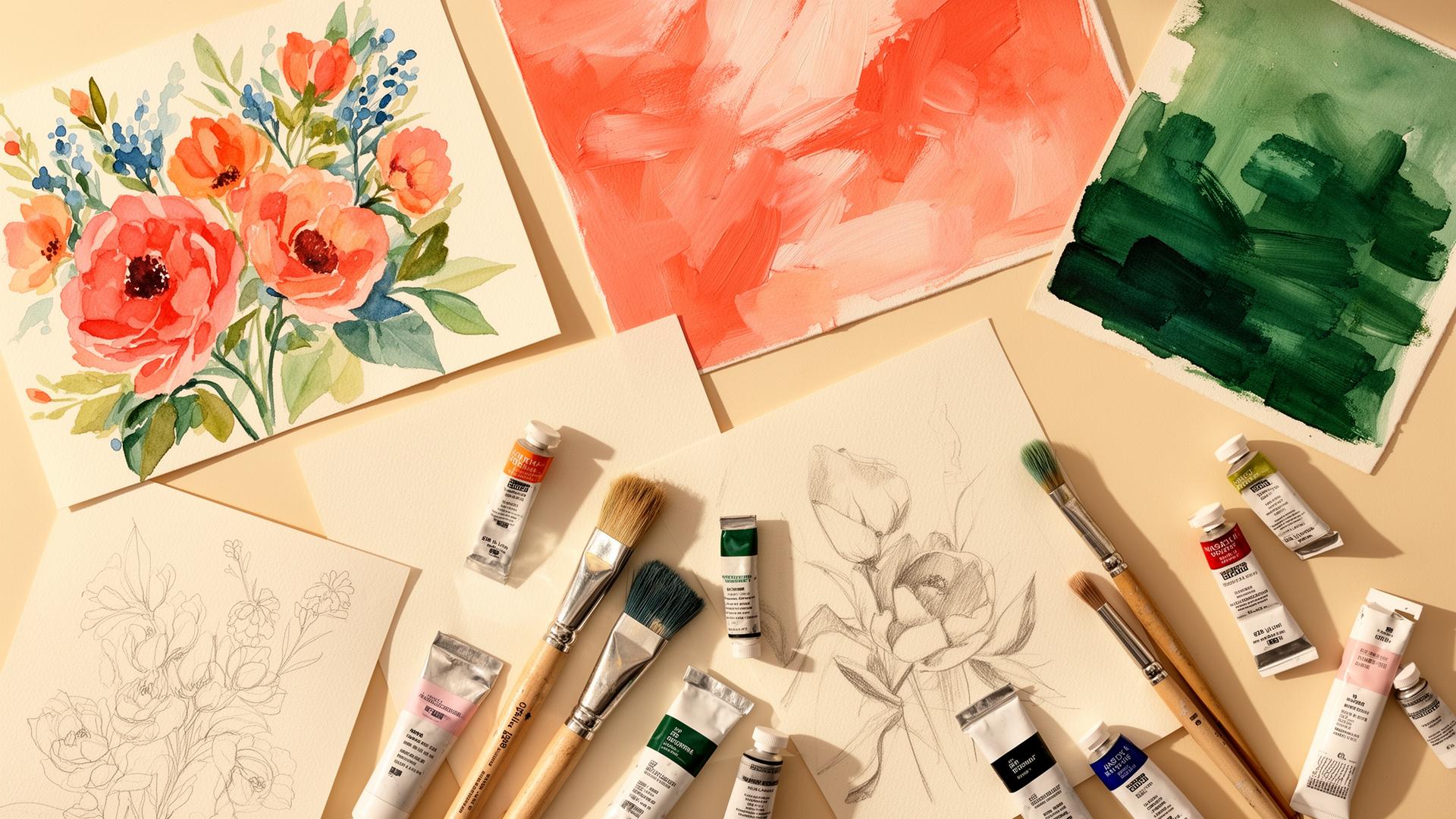Collage of student artwork on cream paper